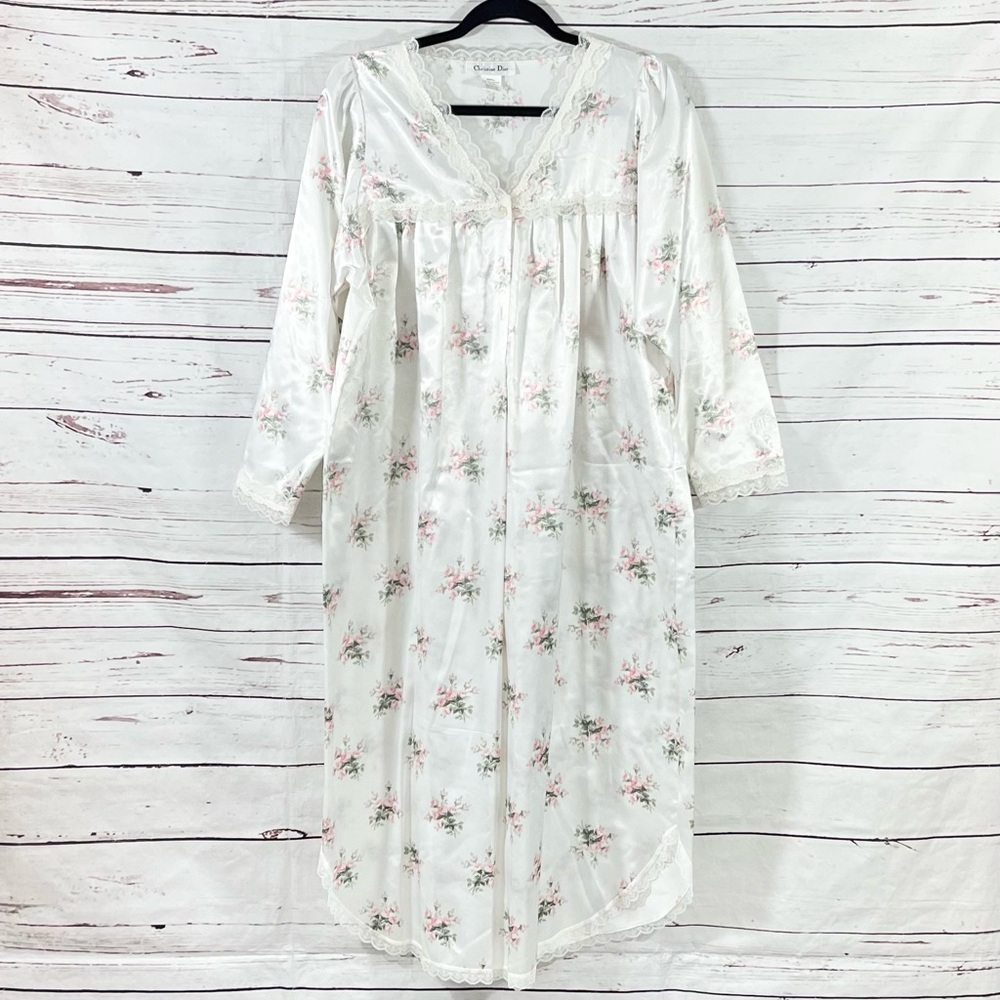 Vintage Christian Dior Nightgown Satin Long Sleeve Lace Trim Size S floral